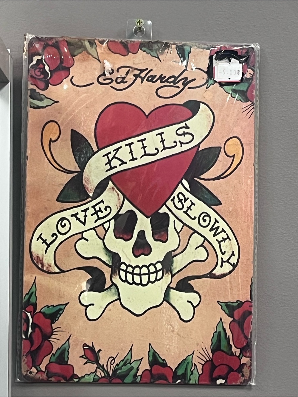 Ed Hardy Red, Cream, Black Heart & Skull metal sign